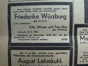 Todesanzeige von Friederike Würzburg im Lübecker Generalanzeiger am 14.3.1935