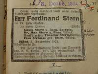 Todesanzeige für Ferdinand Stern Lübecker General-Anzeiger vom 7.12.1921, 1. Beilage, Bl. 1, verso AHL, Amtsgericht, Testament 35/1921, Strauß