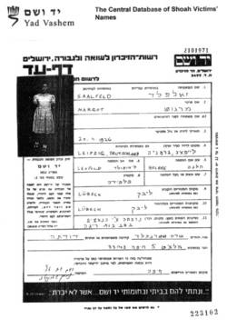 Gedenkblatt für Margot Saalfeld in der Gedenkstätte Yad Vashem, Jerusalem