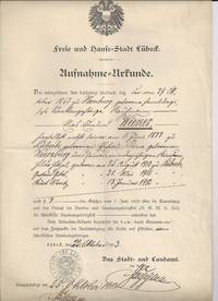 Bürgerbrief der Freien und Hansestadt Lübeck für Edmund Wiener, 1913: Archiv der Hansestadt Lübeck, Stadt- und Landamt 794