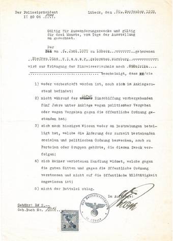 Bescheinigung des Polizeipräsidenten für Dina Wiener von 20.9.1938, Familienarchiv Wiener